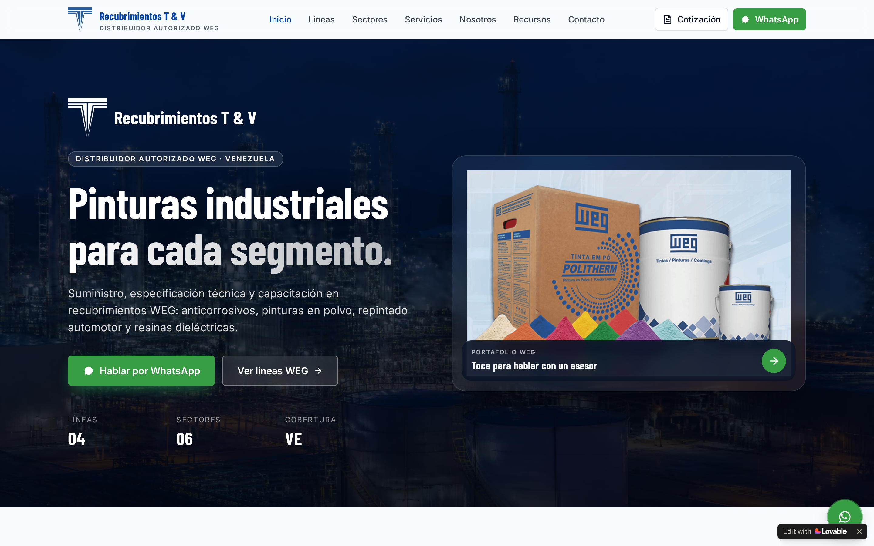 Sitio web de Recubrimientos T&V diseñado por W Growth Studio